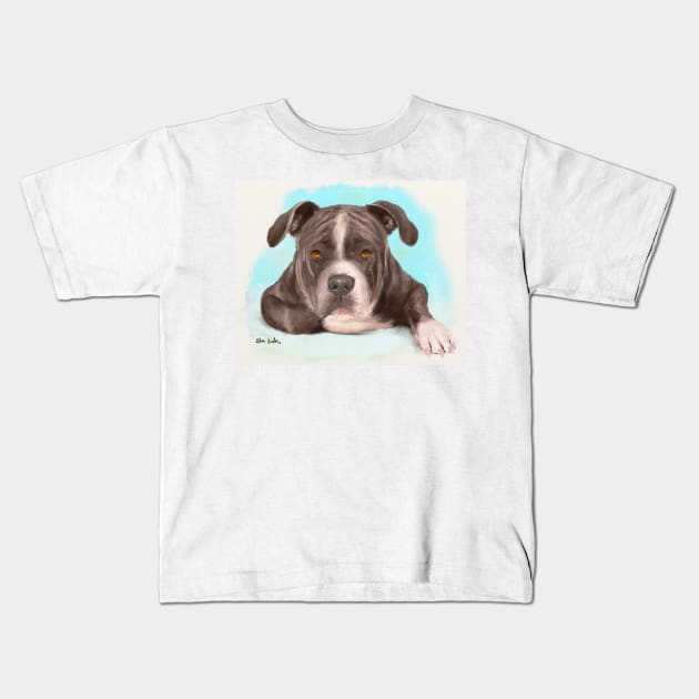 Big Tough Brown Pit Bull Lying Down and Looking at You Kids T-Shirt by ibadishi